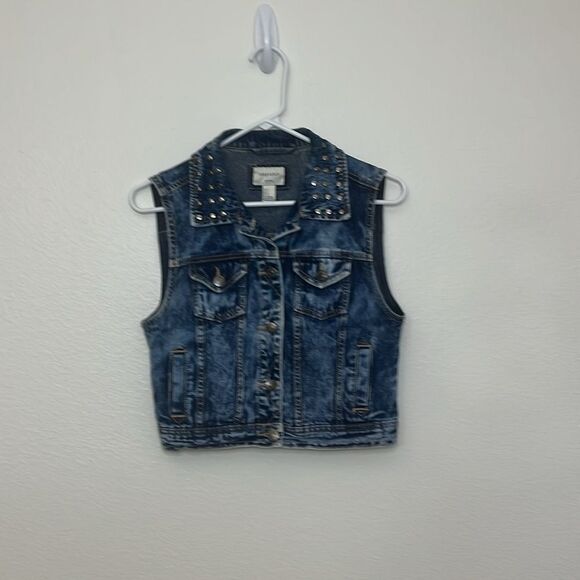 Forever 21 Acid Wash Studded Cropped Denim Vest Sz Small - Picture 2 of 12